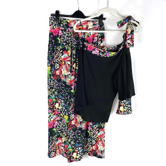 ETRO Floral Pants Set Black Silk 2pc One Shoulder Top Wide Leg Sz 42 IT / M - Picture 1 of 15